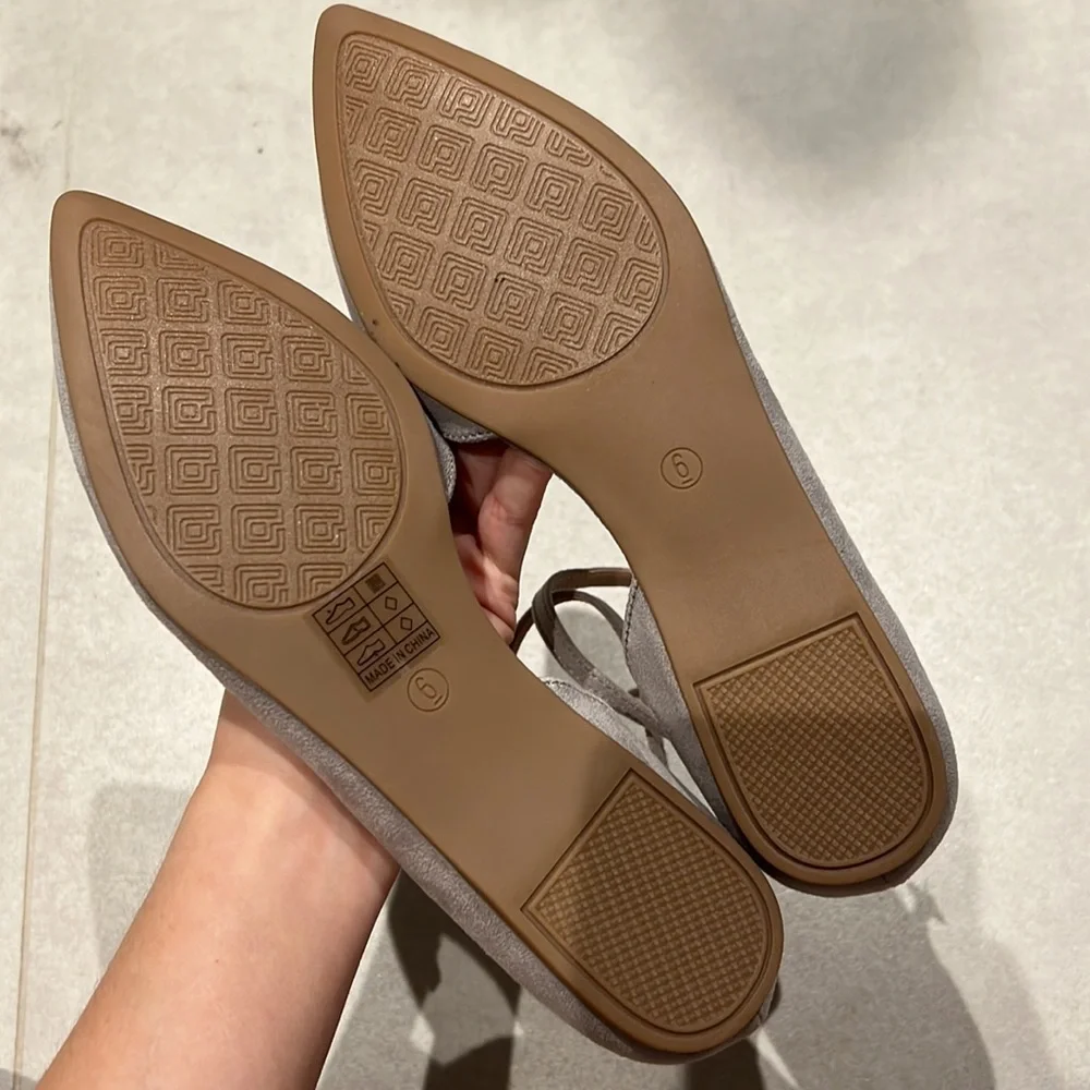 Women size 6 Pointed gray ballet flats with adjustable strap shoes